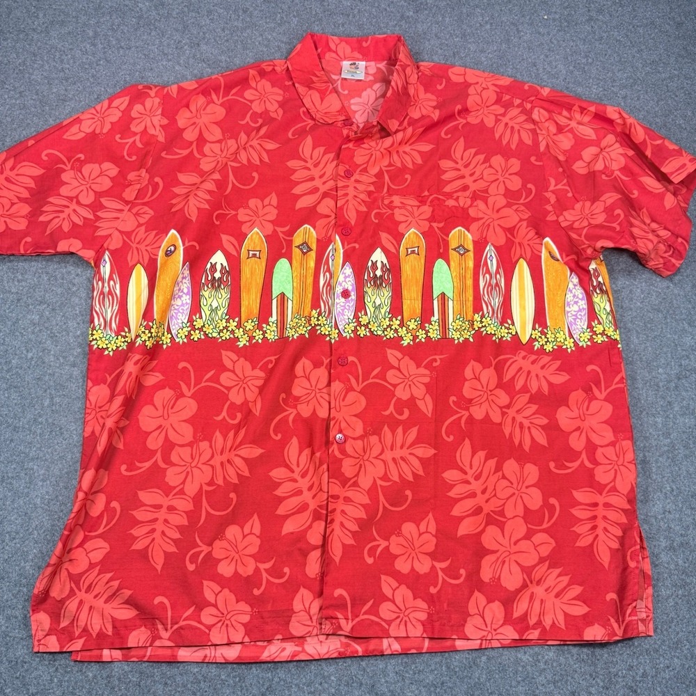 Rima Beachworld Mens XL Red Hibiscus Surfboard Print Hawaiian Aloha Shirt